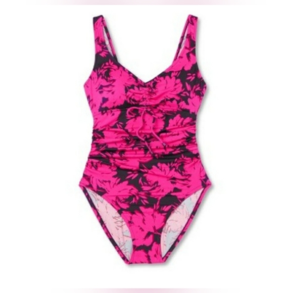 Women's UPF 50 Cinch-Front One Piece Swimsuit - Aqua Green Brand Multi XL - Picture 3 of 5